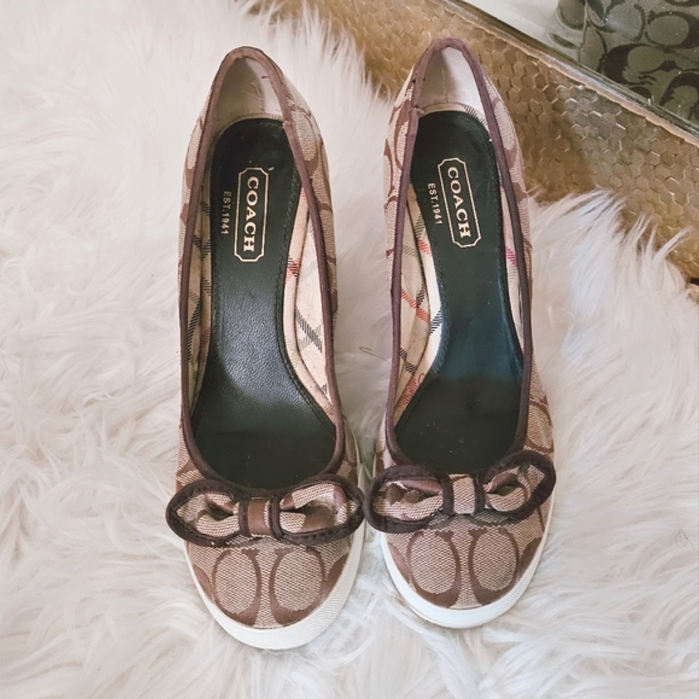 Coach Brown Wedges with Bow & Signature Monogram Pattern - Size 7